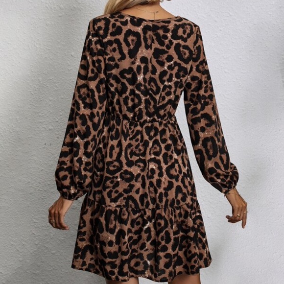 Camel Leopard Print Mini Dress Ruffle Chic - Picture 4 of 4